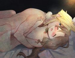 Rule 34 | 1boy, 1girl, aerith gainsborough, arm around back, arm around neck, bed sheet, black background, blonde hair, blue eyes, blush, boy on top, breasts, brown hair, cleavage, closed eyes, cloud strife, final fantasy, final fantasy vii, final fantasy vii remake, hair between eyes, hair down, hand on another&#039;s shoulder, hetero, indoors, jewelry, krudears, long hair, looking at another, lying, missionary, nude, on back, on bed, open mouth, parted bangs, protected link, ring, sex, short hair, sidelocks, spiked hair, spread legs, square enix, sweat, vaginal, wavy hair