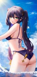 Rule 34 | 1girl, absurdres, ass, back, bad id, bad pixiv id, bikini, blue sky, breasts, cloud, day, genshin impact, green eyes, highres, looking at viewer, looking back, miruku pan, mona (genshin impact), multi-strapped bikini, outdoors, parted lips, purple bikini, purple hair, sky, small breasts, smile, solo, sparkle hair ornament, sunlight, swimsuit, thighs, twintails, wading, water