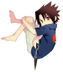 Rule 34 | 1boy, artist request, black hair, crest, family crest, full body, kunai, lowres, male focus, naruto, naruto (series), red eyes, simple background, solo, uchiha sasuke, weapon, white background