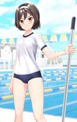 Rule 34 | 1girl, absurdres, black buruma, black hair, blue sky, buruma, cloud, commentary request, cowboy shot, day, fantia commission, feet out of frame, grin, gym shirt, gym uniform, hairband, highres, kantai collection, lane line, looking at viewer, mop, outdoors, pool, shirt, short hair, sky, smile, solo, string of flags, t-shirt, takafumi, tanikaze (kancolle), white hairband, white shirt, yellow eyes