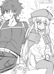 ... @_@ ahoge artoria_caster_(fate) artoria_pendragon_(fate) black_hair blonde_hair blush buttons cape condom double-breasted ebora fate_(series) flying_sweatdrops fujimaru_ritsuka_(male) hands_between_legs hat highres jacket long_hair looking_to_the_side monochrome nervous pantyhose sexually_suggestive sitting spiked_hair sweat wavy_mouth