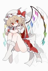 Rule 34 | 1girl, ascot, blonde hair, blush, bow, crossed arms, crystal, dithering, dot mouth, flandre scarlet, gil (gil 261), hair between eyes, hat, hat bow, highres, hugging own legs, kneehighs, mob cap, multicolored wings, no nose, no panties, pixel art, red bow, red eyes, red skirt, red vest, side ponytail, single blush sticker, sitting, skirt, skirt set, socks, solo, touhou, vest, white background, white hat, white socks, wings, yellow ascot