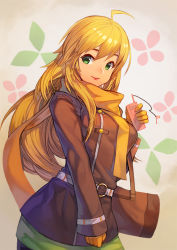 Rule 34 | 1girl, ahoge, bag, blonde hair, cellphone, cellphone charm, charm (object), coat, gloves, green eyes, hoshii miki, idolmaster, idolmaster (classic), charm (object), lipstick, long hair, long sleeves, looking at viewer, makeup, olys, phone, scarf, smile, solo, swept bangs, yellow gloves, yellow scarf
