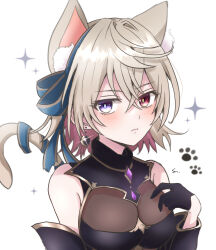 1girl animal_ears animal_hands black_gloves blue_ribbon breasts cat_ears cat_paws cat_tail earrings eleanor_(shironeko_project) gloves grey_hair heterochromia highres jewelry ribbon shironeko_project short_hair solo sparkle_background suzu_(sn_whneko) tail white_background