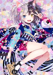 Rule 34 | 1girl, 2017, :3, :d, absurdres, animal ears, bird, black hair, blue eyes, blue kimono, blush, breasts, cat ears, cat tail, chick, chinese zodiac, floral background, floral print, flower, hair flower, hair ornament, happy new year, heterochromia, high heels, highres, japanese clothes, kanzashi, kimono, kimono skirt, medium breasts, metako (hoyashi rebirth), multicolored clothes, multicolored hair, multicolored kimono, nekometaru, new year, open mouth, original, paw print, pink flower, sandals, smile, socks, solo, split-color hair, tail, teeth, thick eyebrows, two-tone hair, v, white kimono, year of the rooster, yellow eyes