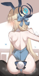 Rule 34 | 1boy, 1girl, absurdres, animal ears, ass, blonde hair, blue archive, blue leotard, blush, bow, bulge, detached collar, doldol (rkwowlqrp), erection, erection under clothes, fake animal ears, girl on top, halo, heart, hetero, highres, leotard, long hair, motion lines, official alternate costume, playboy bunny, rabbit ears, rabbit tail, sitting, steam, strapless, strapless leotard, tail, toki (blue archive), toki (bunny) (blue archive), very long hair, wrist cuffs