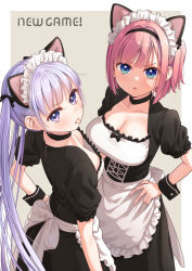 Rule 34 | 2girls, :&lt;, :p, animal ears, annoyed, apron, aqua eyes, arm at side, back bow, backlighting, beige background, black bow, black choker, black dress, black hairband, black sleeves, blue eyes, blunt bangs, blunt ends, blush, bob cut, border, bow, breasts, breasts apart, cat ears, chestnut mouth, choker, cleavage, closed mouth, collarbone, copyright name, cowboy shot, cross-laced clothes, dot nose, downblouse, dress, dress bow, fake animal ears, floating hair, frilled apron, frilled dress, frilled hairband, frilled sleeves, frills, from above, from behind, from side, furrowed brow, gradient eyes, hair behind ear, hair intakes, hairband, hand on own hip, highres, large breasts, light purple hair, long hair, looking at viewer, looking back, looking to the side, looking up, maid, maid headdress, medium breasts, mochizuki momiji, multicolored eyes, multiple girls, new game!, no bra, official art, one side up, outside border, parted lips, pink hair, puffy short sleeves, puffy sleeves, purple eyes, purple hair, scowl, shade, shiny skin, short hair, short sleeves, simple background, standing, suzukaze aoba, tokunou shoutarou, tongue, tongue out, twintails, underbust, uniform, v-shaped eyebrows, very long hair, w, waist apron, waitress, white apron, white border, white bow, white hairband, wrist cuffs, zipper pull tab