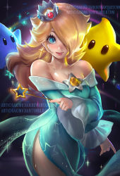 Rule 34 | 1girl, artist name, bare shoulders, blonde hair, blue eyes, breasts, crown, dress, gradient background, hair over one eye, jewelry, long hair, looking at viewer, luma (mario), mario (series), nail polish, nintendo, rosalina, sakimichan, small breasts, solo, sparkle, strapless, strapless dress, super mario bros. 1, super mario galaxy, wand, watermark, web address