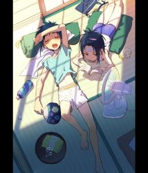 Rule 34 | 2boys, aqua shirt, barefoot, black hair, blue hair, blue shorts, blush, book, bottle, closed eyes, cup, cushion, electric fan, hand fan, holding, holding book, holding fan, hot, lying, male focus, multiple boys, on back, on stomach, open mouth, original, pillarboxed, pillow (nutsfool), reading, shirt, shorts, sweat, tank top, tassel, tatami, tray, white shorts, white tank top
