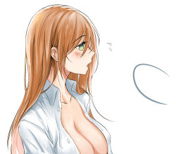 Rule 34 | 1girl, absurdres, bad id, bad pixiv id, blush, breasts, brown hair, collarbone, dress shirt, flying sweatdrops, girls&#039; frontline, green eyes, highres, large breasts, long hair, naked shirt, no bra, open clothes, open mouth, open shirt, out of frame, sexually suggestive, shirt, sidelocks, simple background, solo, springfield (girls&#039; frontline), suru (ksoo420), upper body, white background, white shirt