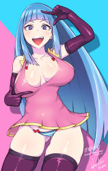 Rule 34 | 1girl, blue hair, blush, breasts, breasts apart, dress, elbow gloves, gloves, gluteal fold, highres, hori shin, large breasts, long hair, looking at viewer, me!me!me!, meme (me!me!me!), open mouth, purple eyes, purple thighhighs, skindentation, smile, solo, striped, thighhighs, two-tone background, very long hair