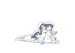 Rule 34 | 3girls, absurdres, black hair, blue sailor collar, closed eyes, daitou (kancolle), dress, hat, hiburi (kancolle), highres, kantai collection, leaning on person, low ponytail, lying, madmag1990, multiple girls, negative space, on stomach, sailor collar, sailor dress, sailor hat, short hair, short sleeves, shounan (kancolle), sidelocks, twintails, white dress, white headwear