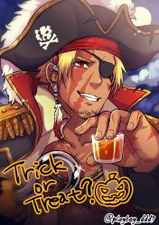 Rule 34 | 1boy, alternate costume, beowulf (fate), blonde hair, cup, eyepatch, facial hair, fate/grand order, fate (series), goatee, halloween costume, hook hand, male focus, manly, muscular, pectorals, pirate costume, red eyes, scar, solo, upper body, yamanome