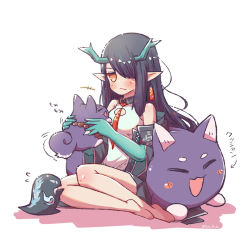 Rule 34 | +++, 1girl, animal, animalization, arknights, bare shoulders, black hair, black jacket, black skirt, blush, breasts, brown eyes, closed mouth, colored shadow, commentary request, dual persona, dusk (arknights), flying sweatdrops, full body, hair over one eye, highres, holding, holding animal, horns, jacket, off shoulder, open clothes, open jacket, pleated skirt, pointy ears, saga (arknights), shadow, shirt, short eyebrows, sitting, skirt, sleeveless, sleeveless shirt, small breasts, thick eyebrows, white background, white shirt, yodo rado, yokozuwari