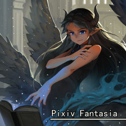 Rule 34 | 1girl, bad id, bad pixiv id, black hair, black wings, blue eyes, book, copyright name, floating book, floating object, highres, holding own arm, horns, long hair, lu ying, magic, multiple wings, obsidia, pixiv fantasia, pixiv fantasia new world, pointy ears, shirt, sleeveless, sleeveless shirt, snowing, solo, wings