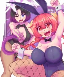 Rule 34 | 2girls, absurdres, animal ears, blue eyes, blush, bow, bowtie, breasts, bright pupils, dragon girl, dragon horns, elma (maidragon), fake animal ears, female focus, happy, highres, horns, huge breasts, ilulu (maidragon), kobayashi-san chi no maidragon, large breasts, leotard, long twintails, masked ink, multicolored hair, multiple girls, playboy bunny, purple hair, rabbit ears, red eyes, red hair, sharp teeth, shortstack, signature, signature, slit pupils, tagme, teeth, white pupils, white wrist cuffs, wrist cuffs, yellow horns