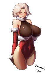 Rule 34 | 00s, 1girl, artist name, bad id, bad pixiv id, bare shoulders, black gloves, blush, breasts, christmas, covered navel, detached sleeves, dungeon and fighter, epomeno, covered erect nipples, female slayer (dungeon and fighter), fishnet pantyhose, fishnets, fur trim, gloves, huge breasts, lips, looking away, pantyhose, red eyes, short hair, skin tight, solo, sword master (dungeon and fighter), white hair