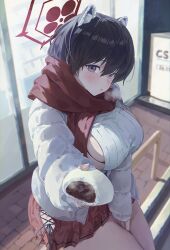 Rule 34 | 1girl, animal ears, between legs, black eyes, black hair, blue archive, blush, breasts, breath, casual, food, giving, halo, hand between legs, highres, holding, holding food, incoming food, jacket, large breasts, looking at viewer, m.q (mqkyrie), padded jacket, parted lips, raccoon ears, red scarf, red skirt, scarf, short hair, sideboob, skirt, solo, string bra, tsubaki (blue archive), winter, winter clothes