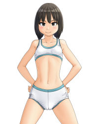 Rule 34 | 1girl, bikini, black eyes, black hair, blush, bob cut, breasts, closed mouth, commentary request, cowboy shot, hands on own hips, looking at viewer, maburu (lojyq1eur3e8bit), navel, original, short hair, simple background, small breasts, smile, solo, standing, swimsuit, white background, white bikini