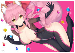 Rule 34 | 10s, 1girl, animal ears, bad id, bad pixiv id, black bodysuit, black choker, blue gemstone, blush, bodysuit, bow, breasts, brown eyes, center opening, choker, cleavage, closed mouth, fate/extra, fate (series), fox ears, fox girl, fox tail, full-length zipper, gem, hair between eyes, hair bow, high heels, koyanskaya (assassin) (first ascension) (fate), koyanskaya (fate), large breasts, long hair, looking at viewer, partially unzipped, pink background, pink hair, ponytail, red bow, red gemstone, sidelocks, smile, solo, tail, tamamo (fate), topaz (stone), two-tone background, unitard, v-shaped eyebrows, very long hair, white background, yuzu-aki, zipper