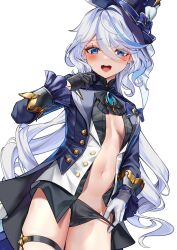 Rule 34 | 1girl, :d, absurdres, ascot, asymmetrical gloves, black ascot, black gloves, black panties, blue eyes, blue hair, blue headwear, blue jacket, blush, brooch, commentary request, cowboy shot, furina (genshin impact), genshin impact, gloves, groin, hair between eyes, hand up, highres, jacket, jewelry, long hair, looking at viewer, mismatched gloves, open clothes, open jacket, open mouth, open shirt, panties, shirt, simple background, smile, solo, standing, thigh strap, thighs, underwear, very long hair, white-paka, white background, white gloves, white shirt