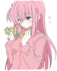 Rule 34 | 1girl, blue eyes, blush, bocchi the rock!, breasts, closed mouth, commentary, commentary request, cube hair ornament, gotoh hitori, hair between eyes, hair ornament, holding, holding removed eyewear, ixy, jacket, long hair, long sleeves, medium breasts, one side up, pink hair, pink jacket, simple background, solo, star-shaped eyewear, star (symbol), track jacket, track suit, unworn eyewear, white background