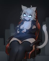Rule 34 | 1girl, absurdres, ahoge, animal ear fluff, animal ears, black-framed eyewear, breasts, character request, cleavage, collar, collarbone, color banding, commentary request, controller, copyright request, dot nose, facial mark, feet out of frame, final fantasy, final fantasy xiv, game controller, glasses, highres, holding, hood, hooded jacket, huge breasts, ichika (ichika manga), jacket, large breasts, looking away, medium hair, parted lips, plump, semi-rimless eyewear, sitting, solo, tail, thick thighs, thighhighs, thighs, tsurime, under-rim eyewear, warrior of light (ff14), zettai ryouiki, zipper