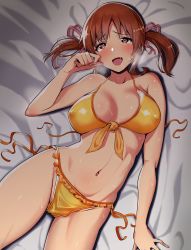 Rule 34 | 10s, 1girl, amano don, bare shoulders, bikini, breasts, breasts apart, brown eyes, brown hair, collarbone, commentary request, covered erect nipples, drooling, frills, front-tie bikini top, front-tie top, hair ribbon, heart, heart-shaped pupils, highres, hip focus, idolmaster, idolmaster cinderella girls, large breasts, looking at viewer, lying, navel, on back, on bed, open mouth, orange bikini, ribbon, saliva, shiny skin, sidelocks, smile, solo, steam, sweat, swimsuit, symbol-shaped pupils, tears, thighs, totoki airi, twintails, wiping tears