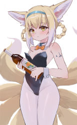 Rule 34 | 1girl, absurdres, animal ear fluff, animal ears, arknights, bare shoulders, black leotard, blonde hair, blue hairband, blush, bottle, bow, bowtie, breasts, closed mouth, collar, commentary, detached collar, dress, fox ears, fox girl, fox tail, groin, hair rings, hairband, highres, holding, holding bottle, iiii, infection monitor (arknights), kitsune, leotard, looking at viewer, material growth, orange bow, orange bowtie, oripathy lesion (arknights), pantyhose, simple background, small breasts, solo, strapless, strapless dress, suzuran (arknights), tail, thighs, white background, white collar, white pantyhose, wrist cuffs, yellow eyes