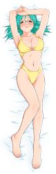 Rule 34 | 1girl, absurdres, aqua eyes, aqua hair, arms up, barefoot, bed sheet, bikini, black-framed eyewear, blush, breasts, covered erect nipples, dakimakura (medium), full body, hairu, highleg, highleg swimsuit, highres, long hair, looking at viewer, lying, medium breasts, navel, o-ring, o-ring swimsuit, on back, over-rim eyewear, photoshop (medium), randou serika, semi-rimless eyewear, smile, solo, super real mahjong, swimsuit, wet, wet hair, yellow bikini