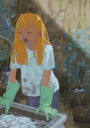 Rule 34 | 1girl, absurdres, blonde hair, blouse, bucket, bucket of water, closed eyes, commentary request, crack, cracked floor, dirty, dirty clothes, earrings, faucet, gloves, highres, indoors, jewelry, laundry, long hair, open mouth, original, pants, plant, rubber gloves, shirt, sink, solo, standing, stud earrings, t-shirt, tile wall, tiles, turquoise iro, white shirt