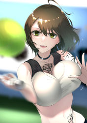 Rule 34 | 1girl, :d, absurdres, ahoge, arm tattoo, azur lane, bad id, bad pixiv id, ball, baltimore (azur lane), baltimore (black ace) (azur lane), bare shoulders, black choker, black shorts, blurry, blurry background, bouncing breasts, braid, breasts, brown hair, chest tattoo, choker, cleavage, collarbone, commentary request, flower tattoo, french braid, green eyes, hair between eyes, hands up, highres, holding, holding racket, kayao, large breasts, light particles, looking at viewer, midriff, motion blur, navel, no jacket, open mouth, racket, short hair, short shorts, shorts, shoulder tattoo, sidelocks, smile, solo, sports bra, stomach tattoo, sweat, tattoo, taut clothes, teeth, tennis, tennis ball, tennis court, tennis racket, upper body, upper teeth only, water drop, white sports bra