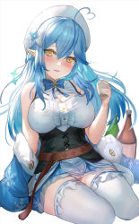 Rule 34 | 1girl, ahoge, beret, blouse, blue hair, blue skirt, blush, bottle, breasts, brown eyes, center frills, cleavage, commentary request, cup, flower, frilled thighhighs, frills, fur trim, hair between eyes, hair flower, hair ornament, half updo, hat, heart, heart ahoge, himonoata, holding, holding cup, hololive, large breasts, long hair, looking at viewer, multicolored hair, parted lips, pointy ears, ribbon-trimmed legwear, ribbon trim, shirt, simple background, skirt, sleeveless, sleeveless shirt, snowflake print, solo, streaked hair, thighhighs, very long hair, virtual youtuber, white background, white flower, white hat, white shirt, white thighhighs, yukihana lamy, yunomi