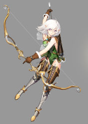 Rule 34 | 1girl, absurdres, ahoge, armor, arrow (projectile), backless outfit, boots, bow (weapon), brown gloves, character request, copyright request, cross-laced footwear, elf, fur trim, gloves, greaves, greem bang, green leotard, grey background, hair between eyes, highres, index finger raised, lace-up boots, leotard, looking to the side, pointy ears, purple eyes, quiver, simple background, smile, solo, thigh boots, thighhighs, weapon, white hair