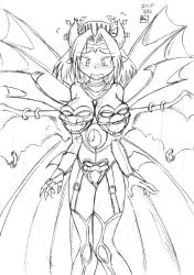 Rule 34 | 1girl, bare shoulders, blush, bodysuit, breasts, claws, cleavage, coattails, demon, demon girl, demon wings, detached collar, digimon, digimon xros wars, elbow gloves, embarrassed, facial mark, fang, female focus, forehead mark, gamonkoubou, gattai lilithmon, gloves, hair bun, hair ornament, headpiece, jewelry, large breasts, leotard, lilithmon, monochrome, necklace, open mouth, pointy ears, simple background, single hair bun, sketch, solo, thighhighs, wings
