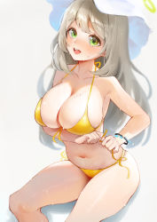 Rule 34 | 1girl, :d, absurdres, adjusting clothes, adjusting swimsuit, bikini, blonde hair, blue archive, blush, bracelet, breasts, green eyes, halo, hat, highres, jewelry, large breasts, long hair, looking at viewer, navel, nonomi (blue archive), nonomi (swimsuit) (blue archive), open mouth, simple background, sitting, smile, solo, stomach, sun hat, sweatdrop, swept bangs, swimsuit, teeth, thighs, upper teeth only, wet, white background, white hat, yellow bikini, zhudouzi