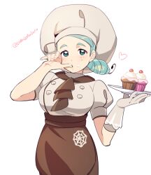 Rule 34 | 1girl, apron, ascot, brown apron, brown ascot, brown skirt, buttons, chef, cherry, creatures (company), cupcake, food, fruit, game freak, gloves, green eyes, hat, holding, holding food, holding tray, icing, katy (pokemon), light green hair, looking at viewer, mole, mole on cheek, mole under eye, momoji (lobolobo2010), nintendo, pokemon, pokemon sv, puffy sleeves, short sleeves, single glove, skirt, solo, spider web print, tray, white hat