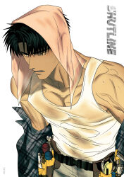 Rule 34 | 0lkyou, 1boy, artist name, bare shoulders, black eyes, black hair, copyright name, denim, flannel, highres, jeans, looking away, male focus, moon shingun, muscular, muscular male, official art, pants, parted lips, pectoral cleavage, pectorals, shirt, short hair, shutline, simple background, solo, tool belt, towel, towel on head, wet, wet clothes, wet shirt, white background, wrench