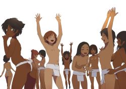 Rule 34 | 6+girls, arms up, ass, black hair, breasts, breasts on another&#039;s back, brown hair, commentary request, dark-skinned female, dark skin, flat chest, fundoshi, highres, hug, inverted nipples, japanese clothes, long hair, looking at another, mebae, medium breasts, messy hair, multiple girls, nipples, open mouth, pelvic curtain, puffy nipples, short hair, small breasts, topless, very dark skin, waist hug, waving, yuri