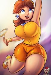 Rule 34 | 1boy, 1girl, blue eyes, breasts, brown hair, clothes, covered erect nipples, ear piercing, earrings, emmabrave, female focus, flower earrings, highres, jewelry, large breasts, looking at viewer, mario (series), mario tennis, mario tennis aces, nintendo, open mouth, piercing, princess daisy, racket, shorts, smile, sportswear, tennis racket, tennis uniform, toad (mario)