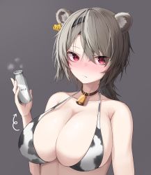 Rule 34 | 1girl, absinthe (arknights), animal ears, arknights, arrow (symbol), bare shoulders, bear ears, bell, black choker, blush, bottle, breasts, choker, chun bae, cleavage, collarbone, commentary, grey background, grey hair, hair between eyes, hand up, highres, holding, holding bottle, large breasts, long hair, looking at viewer, milk bottle, neck bell, nose blush, red eyes, simple background, solo, upper body