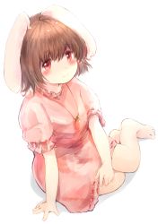Rule 34 | 1girl, animal ears, bad id, bad pixiv id, black hair, blush, carrot, carrot necklace, dress, highres, inaba tewi, munimuni kinoko, necklace, pink dress, puffy short sleeves, puffy sleeves, rabbit ears, red eyes, short hair, short sleeves, sitting, smile, solo, touhou