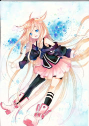 Rule 34 | 1girl, :d, ahoge, animal ears, blonde hair, blue eyes, boots, braid, ia (vocaloid), long hair, mosho, open mouth, single sock, single thighhigh, skirt, smile, socks, solo, striped clothes, striped socks, thighhighs, traditional media, twin braids, very long hair, vocaloid