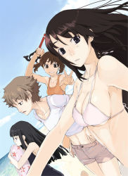 Rule 34 | 1boy, 3girls, :d, arm up, armpits, beach, bikini, bikini top only, blue sky, breasts, brown hair, buttons, cleavage, close-up, collarbone, day, dutch angle, hand gesture, holding, looking at viewer, medium breasts, multiple girls, mura (kanojo no oukoku), ocean, open mouth, outdoors, outstretched arm, shirt, short sleeves, shorts, sky, sleeveless, sleeveless shirt, smile, snorkel, swimsuit, tank top, teeth, w, water, white shirt