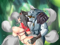 Rule 34 | 1girl, ahri (league of legends), animal ears, arms behind back, bdsm, black hair, bondage, bound, breasts, eyepatch, fox ears, fox tail, gag, grabbing another&#039;s hair, highres, interspecies, large breasts, league of legends, long hair, nipples, rape, rengar, restrained, rolling eyes, rope, sex, shibari, tail, tears, yellow eyes
