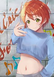 Rule 34 | 1girl, birthday, blush, breasts, commentary, highres, hoshizora rin, long sleeves, looking at viewer, love live!, love live! school idol project, midriff, navel, orange hair, short hair, small breasts, solo, supra is black (altea), upper body, yellow eyes