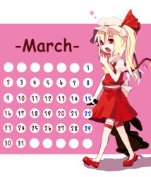 Rule 34 | 1girl, ascot, blonde hair, calendar, collar, dress, female focus, flandre scarlet, from side, full body, holding, long hair, march, mary janes, red dress, red eyes, shaded face, shadow, shoes, side ponytail, sleepy, solo, takishima asaka, thigh strap, touhou, walking, wings, yawning