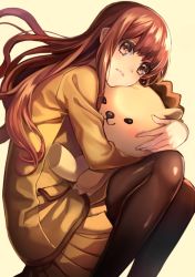 Rule 34 | 10s, 1girl, :3, blush, brown eyes, brown hair, brown pantyhose, closed mouth, fate/extra, fate/extra ccc, fate (series), from side, holding, holding stuffed toy, hug, jacket, kishinami hakuno (female), legs folded, light frown, long hair, long sleeves, looking at viewer, miniskirt, pantyhose, pleated skirt, school uniform, skirt, solo, sorao (ichhimo), stuffed animal, stuffed lion, stuffed toy, yellow background, yellow jacket, yellow skirt, yellow theme