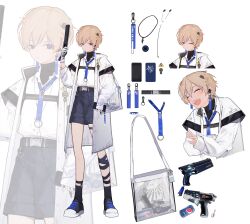 Rule 34 | 1boy, absurdres, aged down, alternate costume, asymmetrical legwear, badge, bag, belt, black belt, black undershirt, blonde hair, blue eyes, blue shorts, blush, button badge, can, candy, cellphone, chaomian buyao mian, chinese commentary, closed eyes, coat, collared shirt, commentary, concept art, dangle earrings, drink can, earphones, earrings, facial scar, food, full body, gradient coat, gun, handbag, handgun, highres, holding, holding gun, holding phone, holding weapon, jewelry, laughing, lee (punishing: gray raven), lightning bolt symbol, logo, lollipop, male focus, multicolored hair, multiple views, necklace, open mouth, pepsi, phone, product placement, punishing: gray raven, scar, scar on cheek, scar on face, shirt, short hair, shorts, smartphone, smartphone case, soda, soda can, streaked hair, stud earrings, transparent bag, undershirt, upper body, weapon, white coat, white shirt, zoom layer