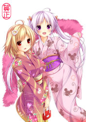 Rule 34 | 2girls, :d, ahoge, animal print, blonde hair, breasts, floral print, hair ornament, heart, heart print, highres, japanese clothes, kimono, large breasts, long hair, long sleeves, looking at viewer, mouse (animal), multiple girls, new year, nironiro, obi, open mouth, original, pink kimono, purple eyes, purple hair, red eyes, red kimono, sash, simple background, smile, twintails, yukata
